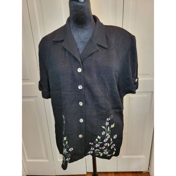 Vintage 90s/Y2K Black Floral Embroidered Button Up Shirt 16 Whimsygoth Cottage - Picture 1 of 8